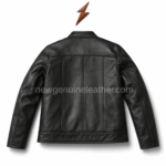 Black biker jacket product specs image with leather texture, collar, zipper, pockets, and lining details