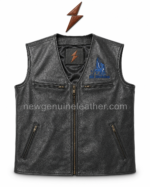 Black biker leather vest manufacturer color range with black, dark brown, brown grey, tan, and cognac options