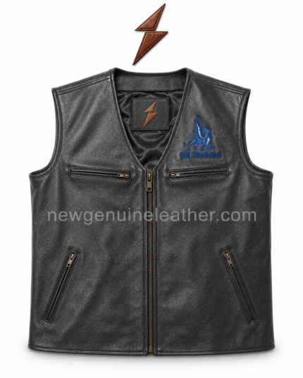 Black biker leather vest manufacturer color range with black, dark brown, brown grey, tan, and cognac options