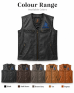 Black biker leather vest manufacturer product image with blue chest embroidery and zipper pocket design