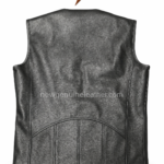 Black biker leather vest manufacturer display with multiple leather color options and swatches
