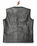 Black biker leather vest manufacturer display with multiple leather color options and swatches