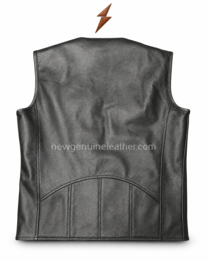 Black biker leather vest manufacturer display with multiple leather color options and swatches