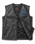 Black biker leather vest manufacturer style with brass zipper hardware and black inner lining