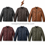 Black sherpa lined leather jacket with quilted chest panels, diagonal zip pockets, and front zipper closure on a white