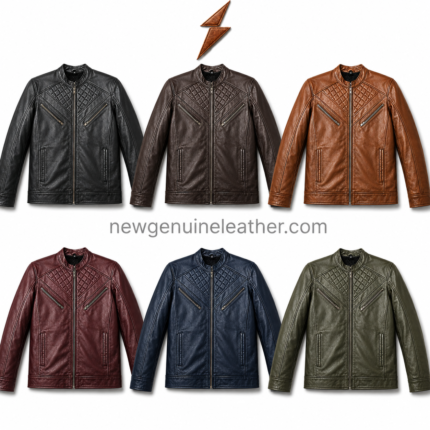 Black sherpa lined leather jacket with quilted chest panels, diagonal zip pockets, and front zipper closure on a white