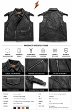Black sleeveless biker vest by custom leather vest manufacturer with classic collar, zipper pockets