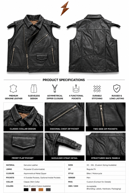 Black sleeveless biker vest by custom leather vest manufacturer with classic collar, zipper pockets
