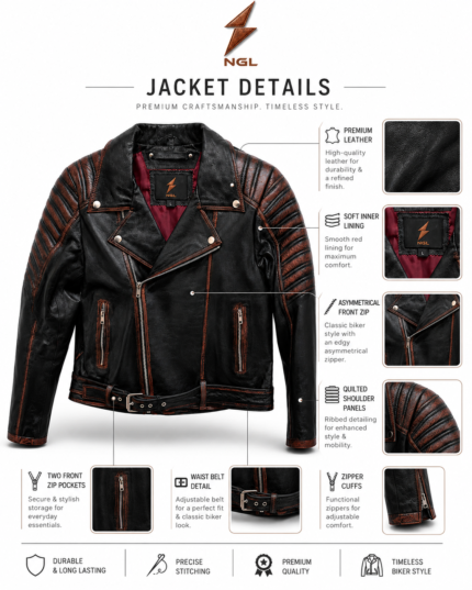 Quilted shoulder biker jacket wholesale range with black, dark brown, brown grey, tan, and cognac options