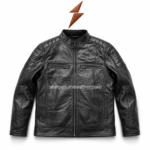 Black cafe racer leather jacket colour range with brown and tan options, front zipper, quilted shoulders, and NGL