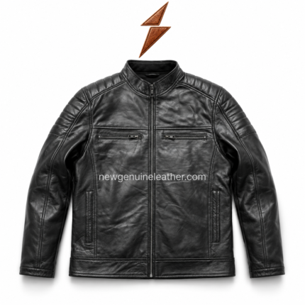 Black cafe racer leather jacket colour range with brown and tan options, front zipper, quilted shoulders, and NGL
