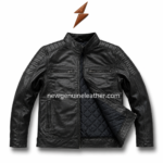 Black cafe racer leather jacket front view with stand collar, chest zip pockets, vertical side pockets, and quilted shoulder panels