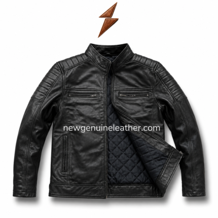 Black cafe racer leather jacket front view with stand collar, chest zip pockets, vertical side pockets, and quilted shoulder panels