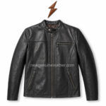 Plain cow leather jacket in black with band collar, front zipper, 3 zip pockets and NGL