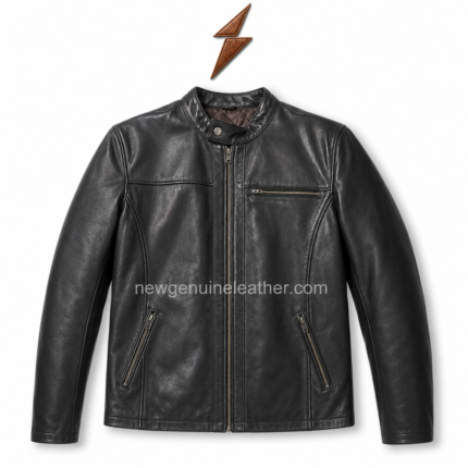 Plain cow leather jacket in black with band collar, front zipper, 3 zip pockets and NGL