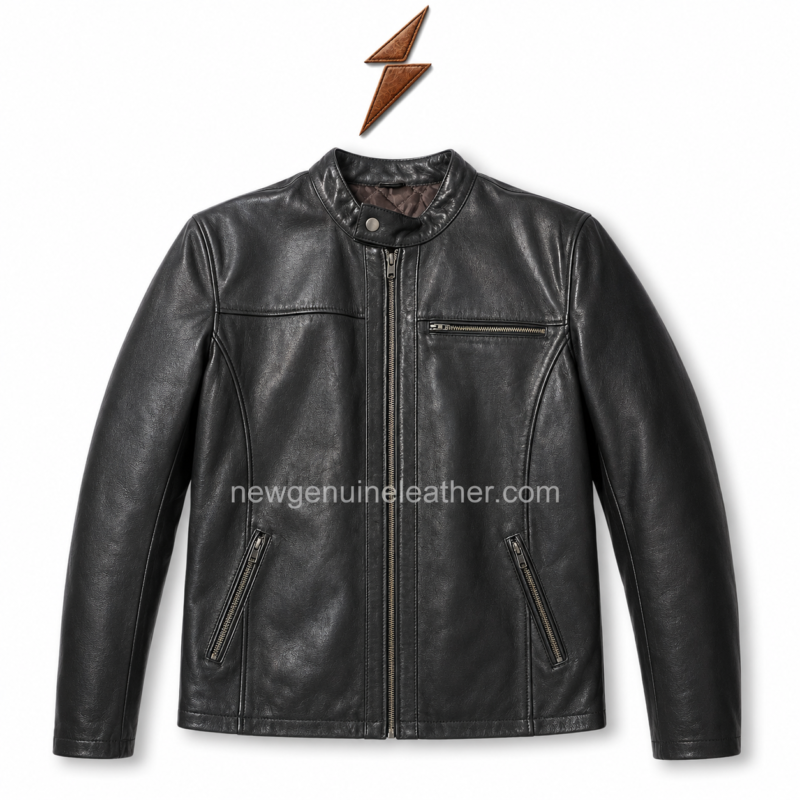Plain cow leather jacket in black with band collar, front zipper, 3 zip pockets and NGL