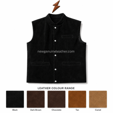 Black cow suede waistcoat with mandarin collar, snap buttons, welt pockets and NGL logo