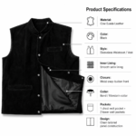 Black sleeveless suede leather vest with band collar, stitched panels, satin lining edge