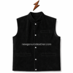 Black cow suede waistcoat front view with chest welt pocket, two lower welt pockets and silver