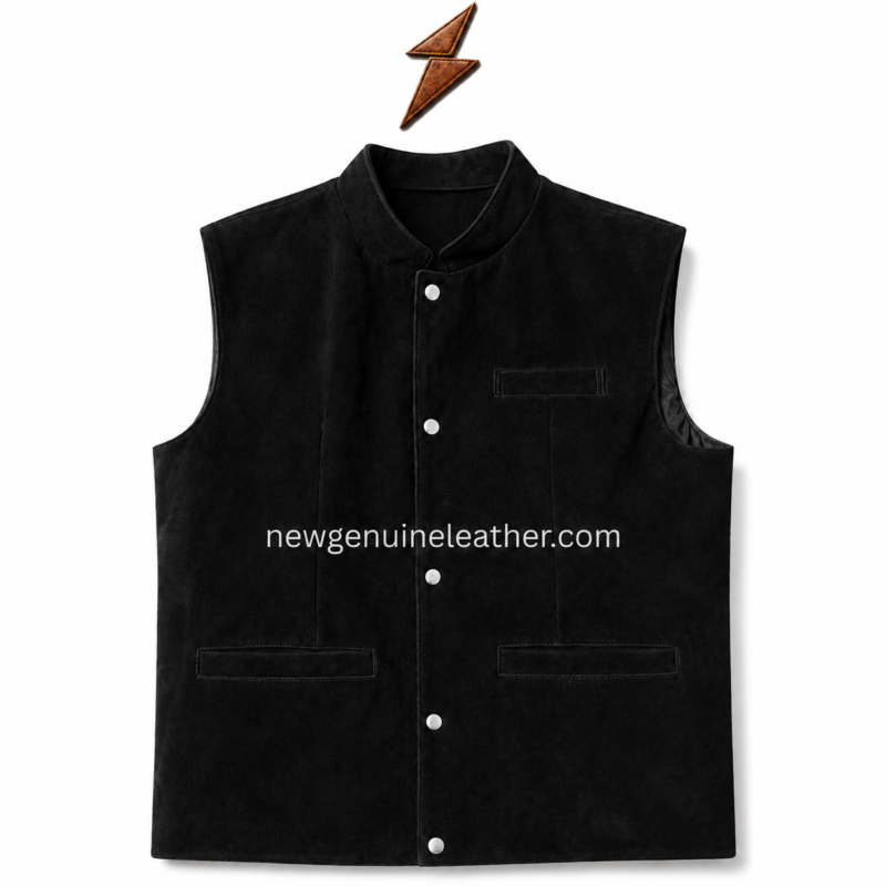 Black cow suede waistcoat front view with chest welt pocket, two lower welt pockets and silver