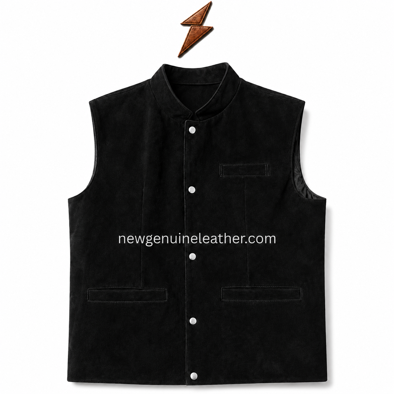 Black Cow Suede Waistcoat with Snap Buttons Black cow suede waistcoat front view with chest welt pocket, two lower welt pockets and silver