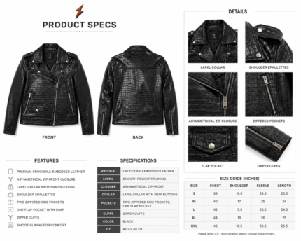 Crocodile embossed biker jacket in glossy black with lapel collar, silver zippers, snap buttons, and NGL logo above