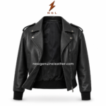 Black cropped leather jacket back view with shoulder epaulettes, stitched back panels, ribbed waistband and smooth leather texture