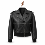 Black cropped leather jacket catalog image with two side pockets, asymmetric zip closure and premium black leather finish