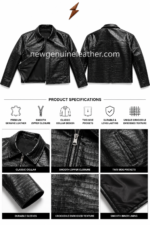 Black embossed leather jacket with crocodile texture, front zipper, classic collar, and NGL