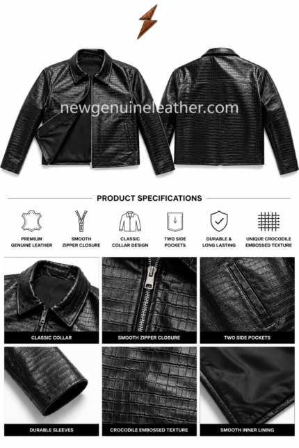 Black embossed leather jacket with crocodile texture, front zipper, classic collar, and NGL