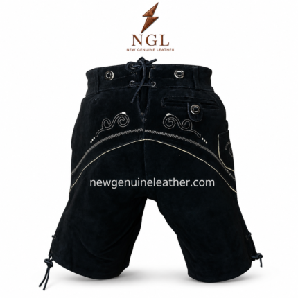 Black embroidered lederhosen shorts featuring suede texture, white floral embroidery, metal waistband buttons, curved pockets, and lace-tie sides