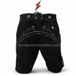 Black Bavarian lederhosen shorts shown with dark brown, tan, olive, and beige color options, white embroidery, and horn-style buttons
