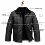Black fleece leather jacket with soft plush collar, front zipper closure, utility pockets, panel stitching, and NGL