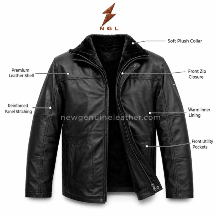 Black fleece leather jacket with soft plush collar, front zipper closure, utility pockets, panel stitching, and NGL