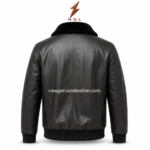 Black fur collar leather jacket with plush collar, covered front zipper, flap pockets, ribbed cuffs, and NGL