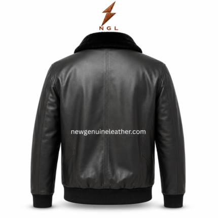 Black fur collar leather jacket with plush collar, covered front zipper, flap pockets, ribbed cuffs, and NGL
