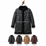 Black fur lined leather coat with plush inner lining, soft fur collar, button front, side pockets, and NGL logo above.