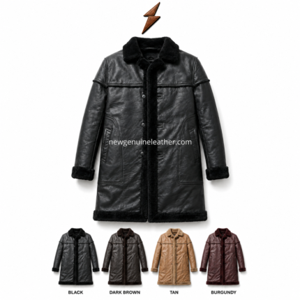 Black fur lined leather coat with plush inner lining, soft fur collar, button front, side pockets, and NGL logo above.