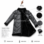 Black fur lined leather coat displayed with black, dark brown, tan, and burgundy color