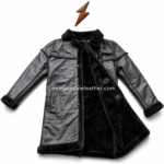 Product specs layout for black fur lined leather coat with soft fur collar, plush inner lining, side hand pockets