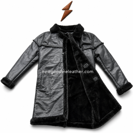Product specs layout for black fur lined leather coat with soft fur collar, plush inner lining, side hand pockets