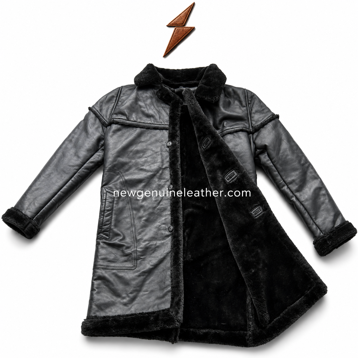 Black Fur Lined Leather Coat Front View Product specs layout for black fur lined leather coat with soft fur collar, plush inner lining, side hand pockets