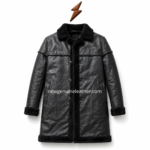 Black fur lined leather coat displayed with black, dark brown, tan, and burgundy