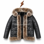 Black fur trim leather jacket with hood quilted panels and front zipper pockets on white background