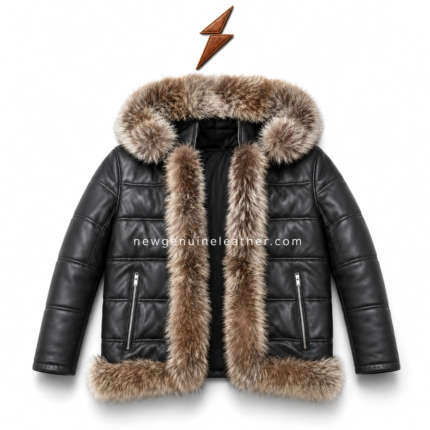 Black fur trim leather jacket with hood quilted panels and front zipper pockets on white background