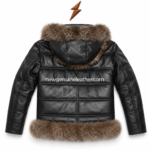 Black fur trim leather jacket product specs image with hood zip pockets and soft lining