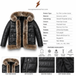 Black fur trim leather jacket color range with black dark brown white and tan options