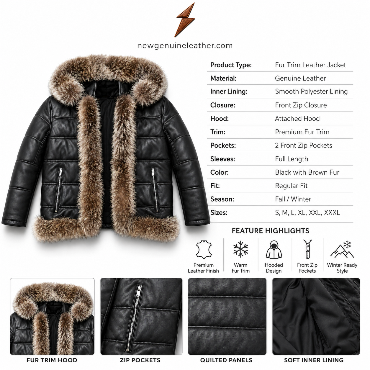 Black Fur Trim Leather Jacket Front View Black fur trim leather jacket color range with black dark brown white and tan options