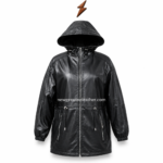 Black leather parka jacket with hood, full zipper closure, drawstring waist, zipper pockets, and NGL