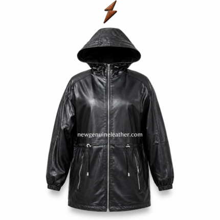 Black leather parka jacket with hood, full zipper closure, drawstring waist, zipper pockets, and NGL